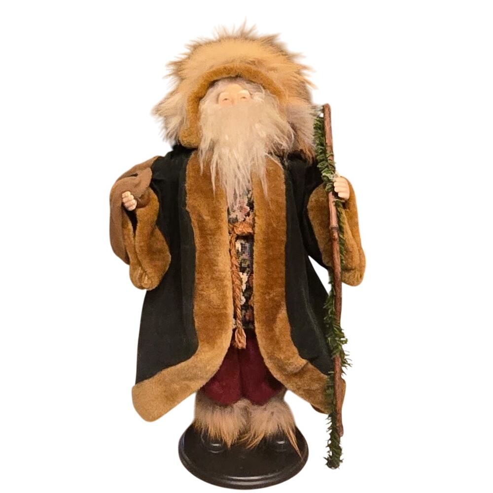 Beautiful Vintage Santa w/Green Coat and Faux Fox-Fur Head Covering and Boots